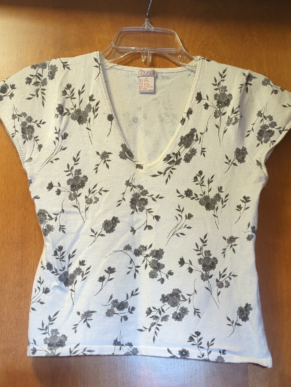 V-Neck Floral Sweater Tee - White with Charcoal Floral